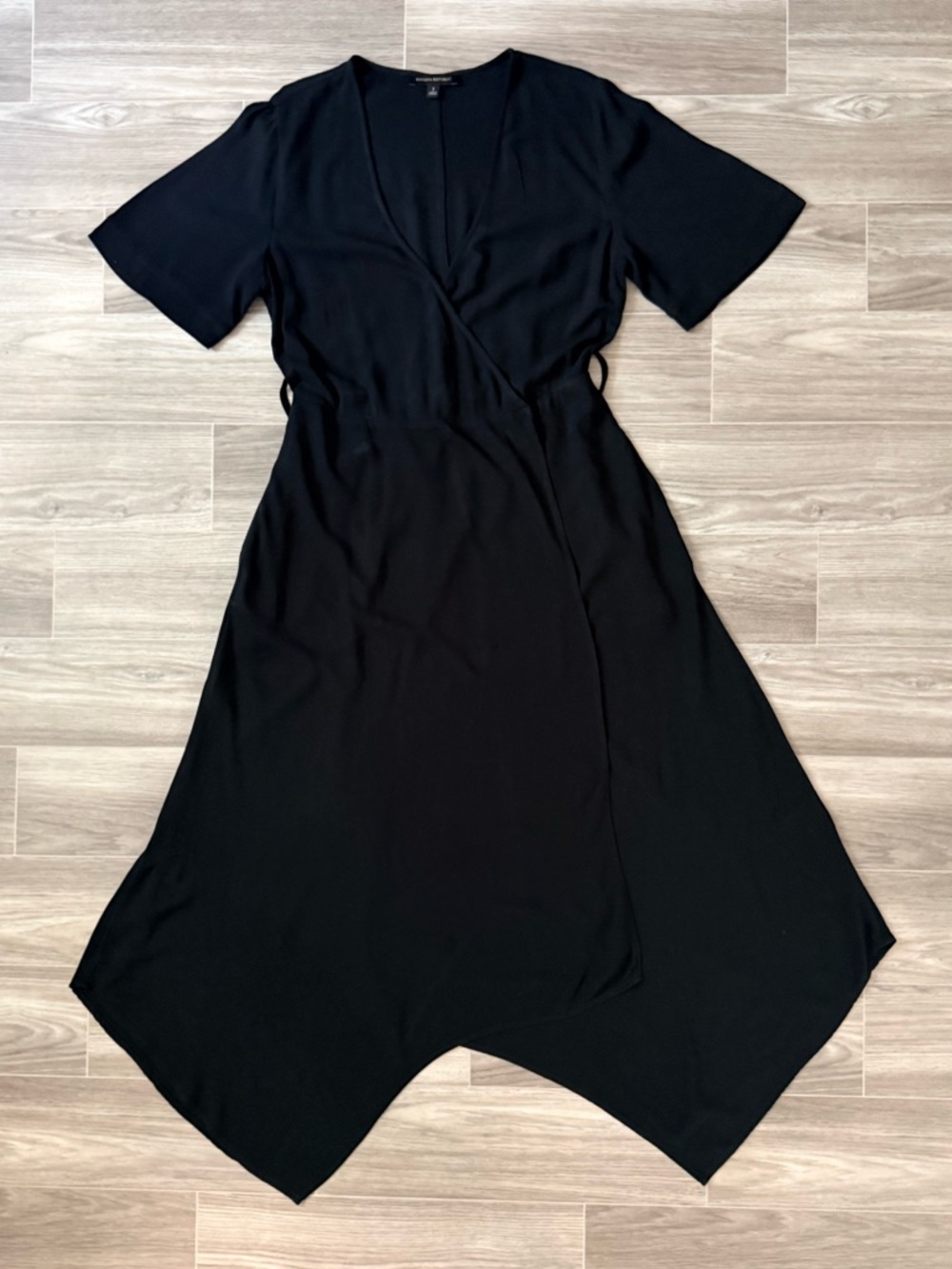 Banana Republic Black Asymmetrical Hem Short-Sleeve Wrap Midi Dress